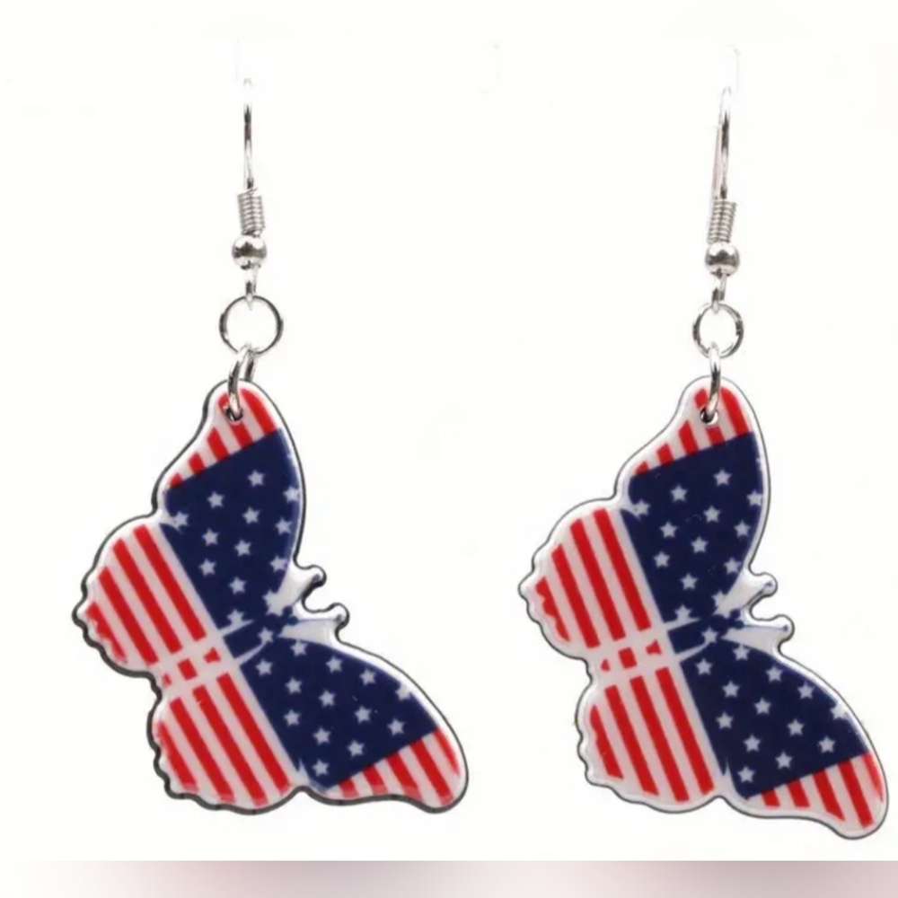2/30$‎ Or 3/$35 Western Red White Blue Butterfly American Flag Earrings(#070)